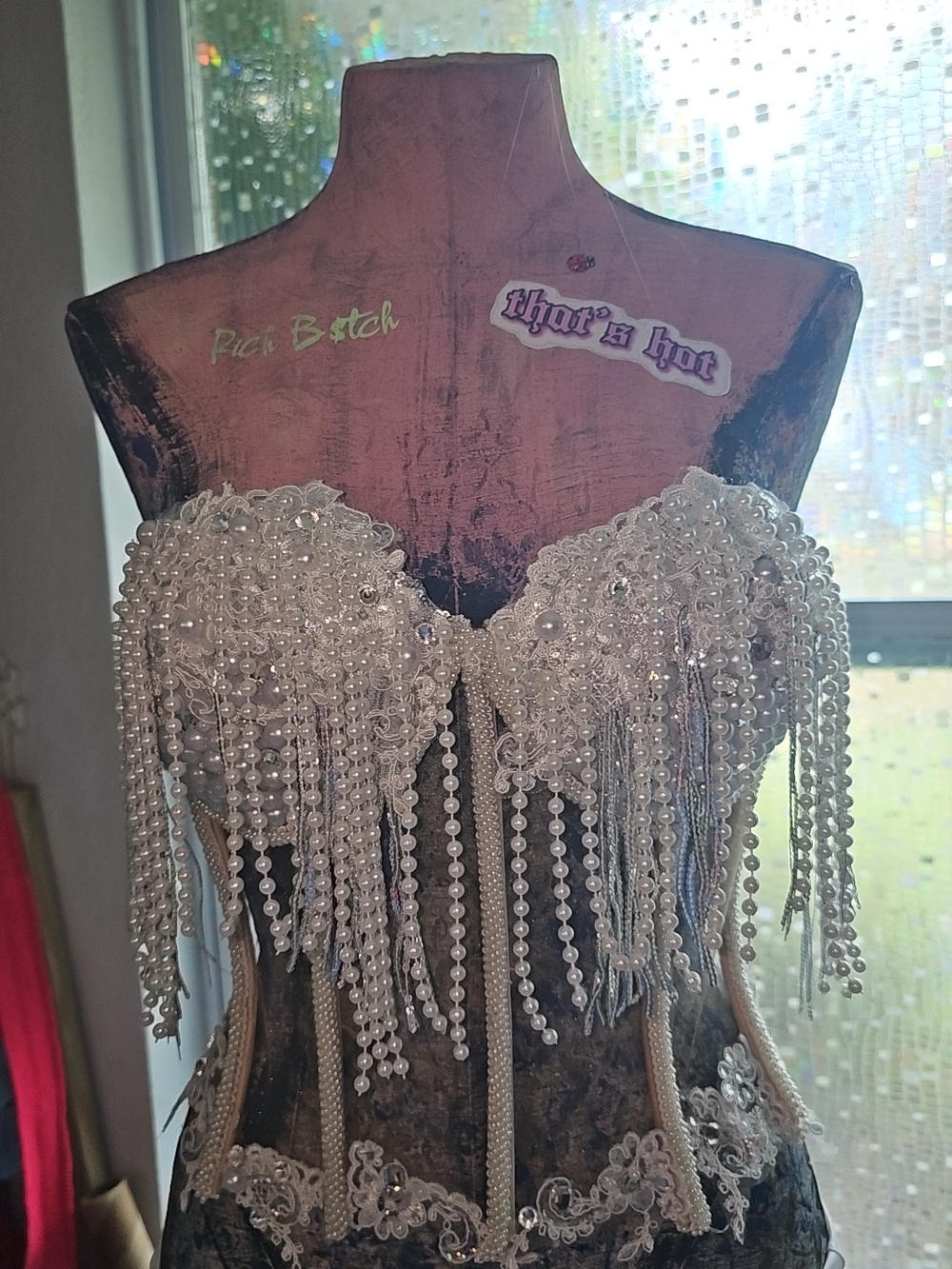 White Pearl Fringe Corset Necklace Top by